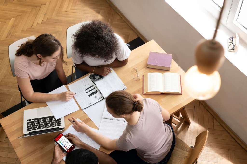 Girls studying together, top view