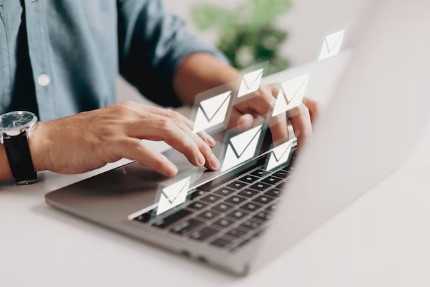 Hands on laptop keyboard, virtual letters in foreground