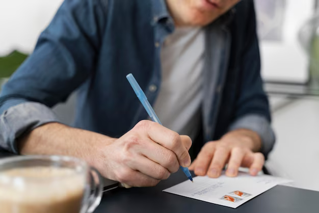 A man signs an envelope with a letter